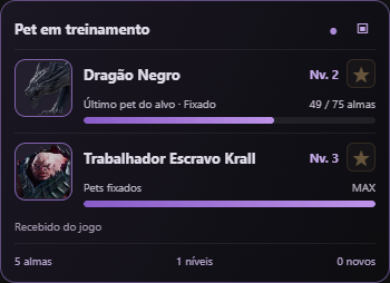 Overlay de pets com nível, almas e pets fixados